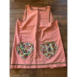 Vtg Handmade Red Apron with 2 Floral Heart Pockets